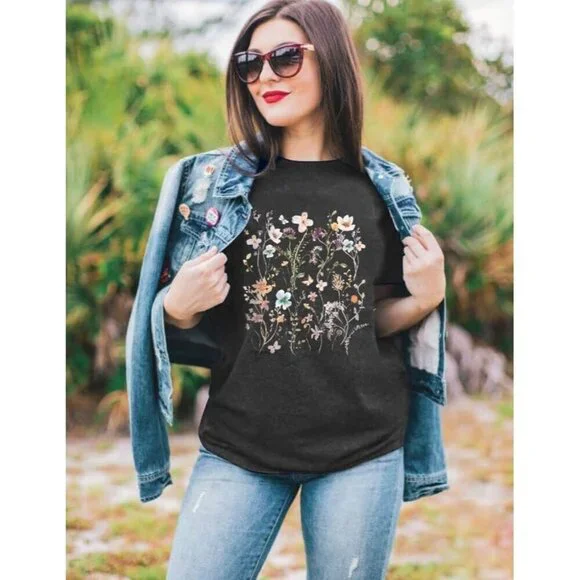 Women Grey   Flower T Shirt Vintage Floral Graphic Shirt  Garden Lover Top - Picture 2 of 6